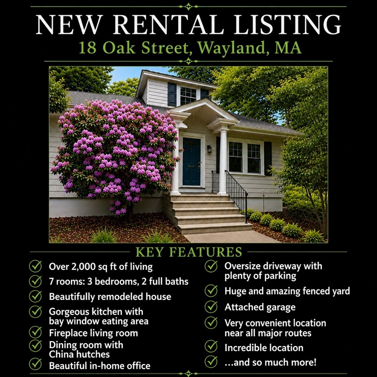 18 Oak Stret, Wayland, Massachusetts, 3 Bedrooms Bedrooms, 7 Rooms Rooms,2 BathroomsBathrooms,Residential Lease,For Rent,Oak Stret,73523204