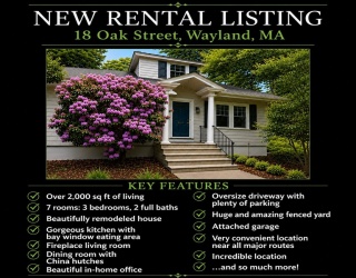 18 Oak Stret, Wayland, Massachusetts, 3 Bedrooms Bedrooms, 7 Rooms Rooms,2 BathroomsBathrooms,Residential Lease,For Rent,Oak Stret,73523204